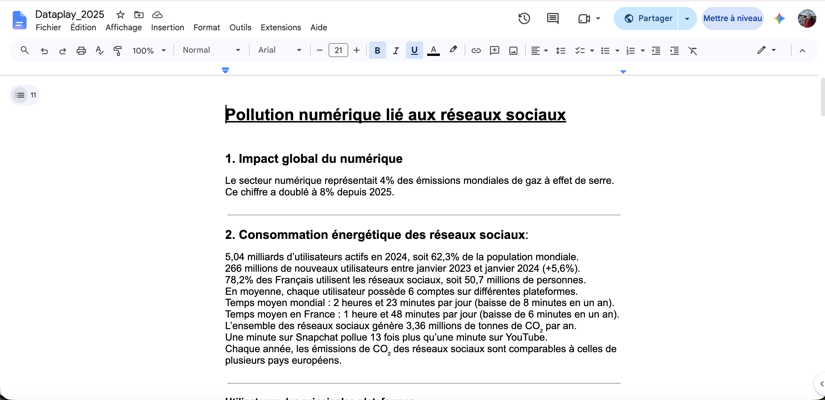 Capture d'écran du google doc avec nos données