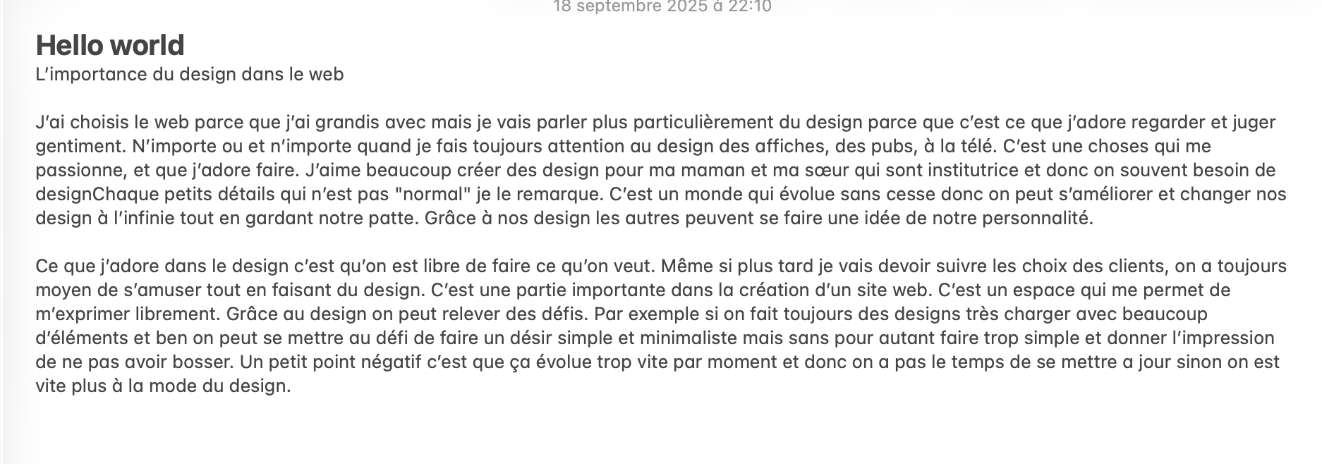Capture d'écran de mes textes pour le projet
